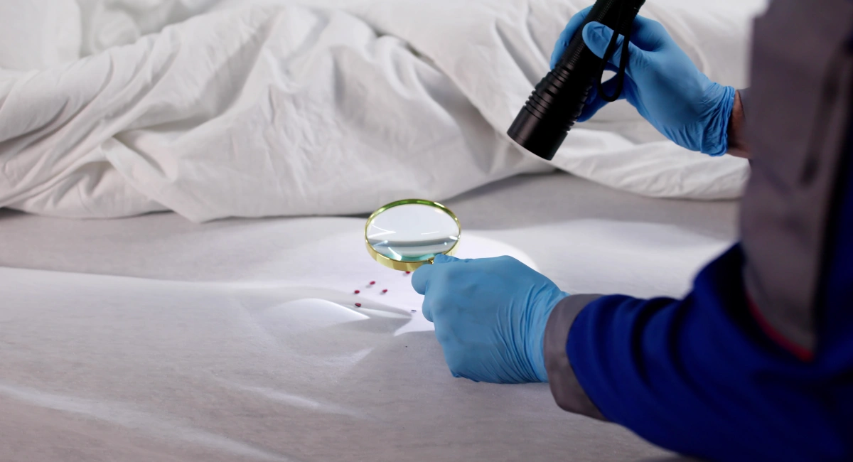Checking for bed bugs in a hotel room