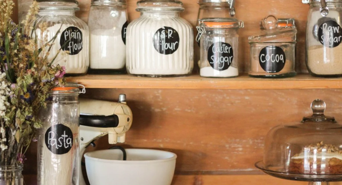 Homey pantry filled with filled jars