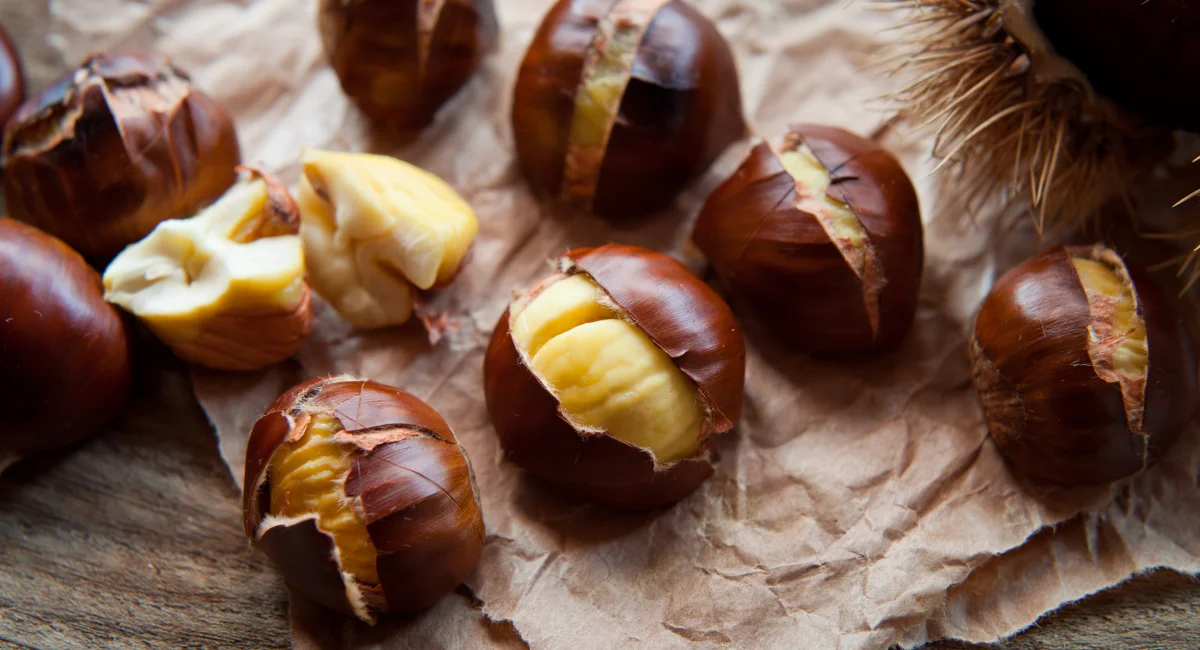 roasted chestnuts opening and exposing inner nut