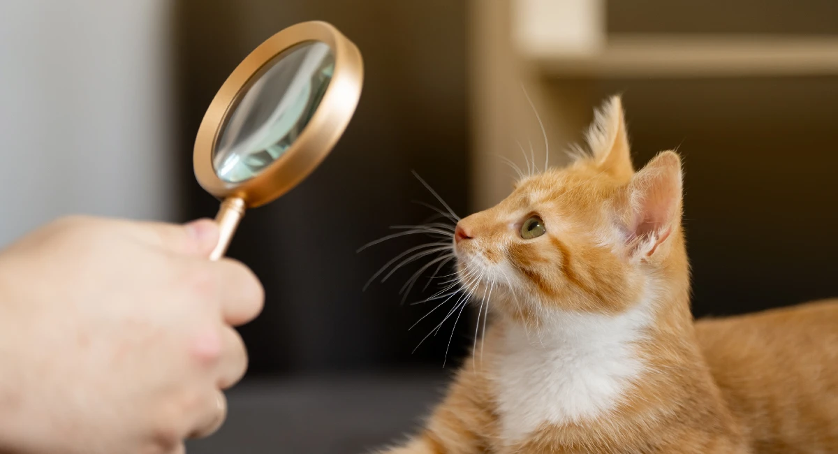 cat looking curiously in magnifying glass