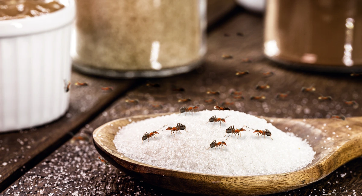 Spoon full of sugar with ants on top of it