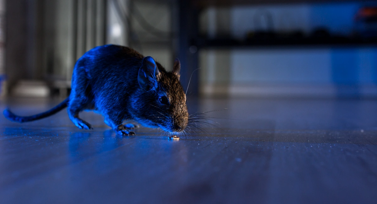 mouse sniffs a crumb on the floor 