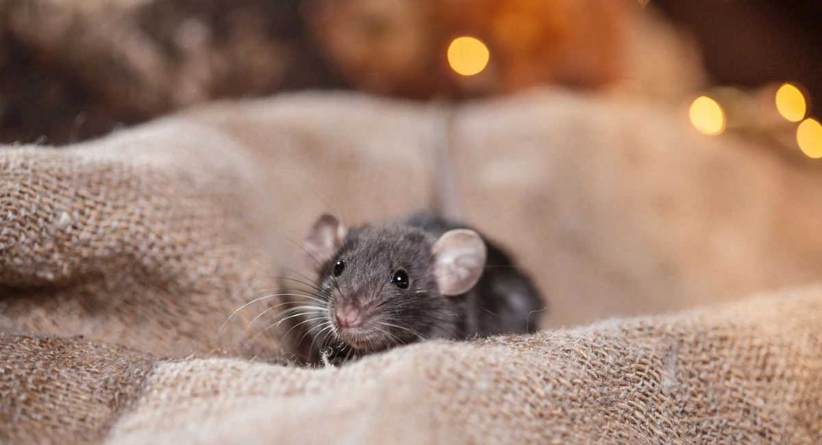 mouse in burlap with twinkly lights behind it 