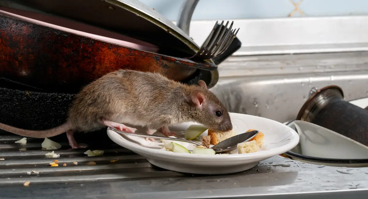 Rat near sink eating leftovers left on plate