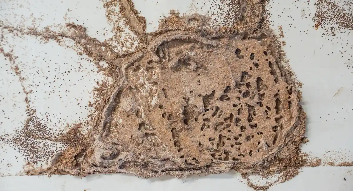A termite nest on the white wooden wall of a room