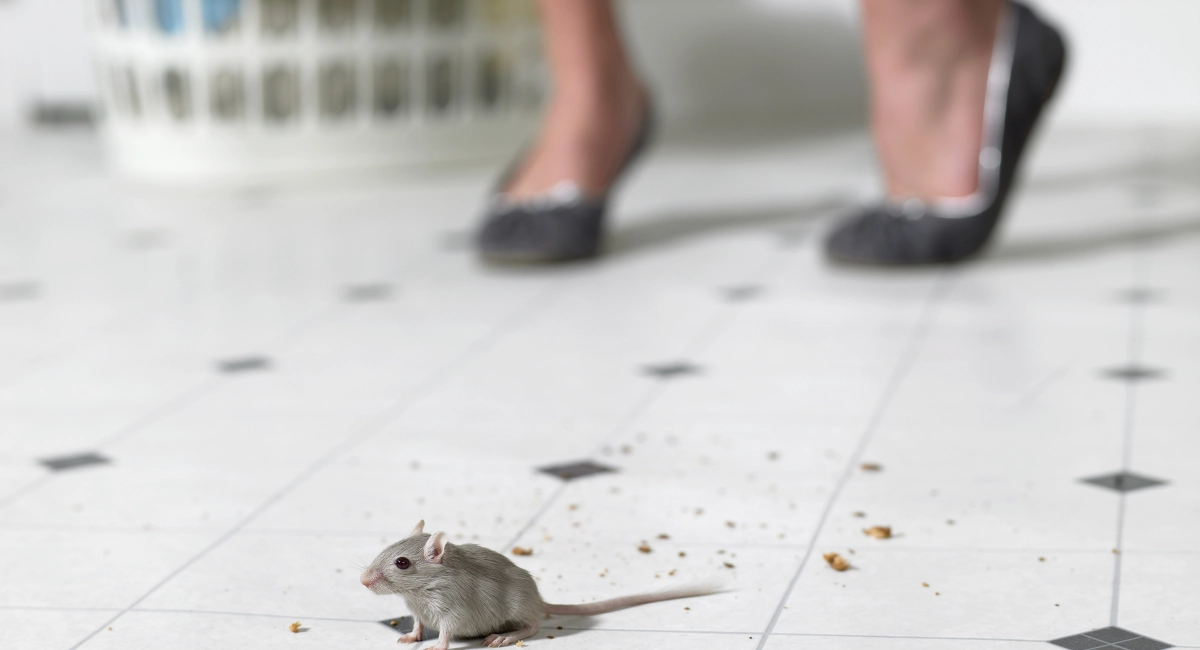 A mouse on a kitchen floor
