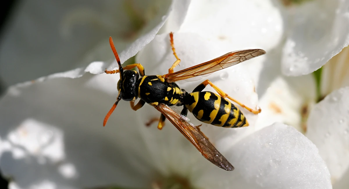 Paper wasp on white flower 