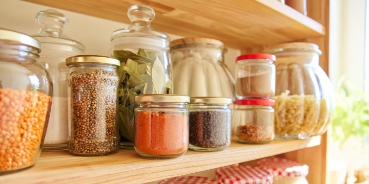 Shelf in kitchen with jars filled with ingredients 