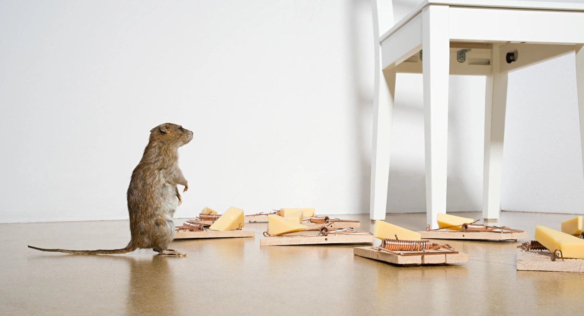 mouse confronted with many traps with cheese