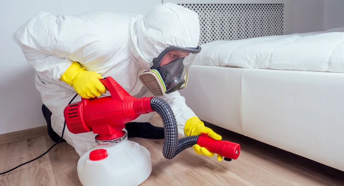 A pest control worker spraying pesticides