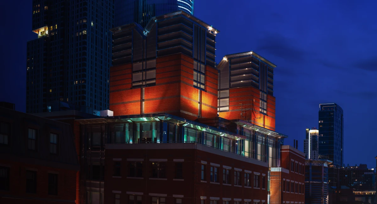 A Boston office building with outside lighting