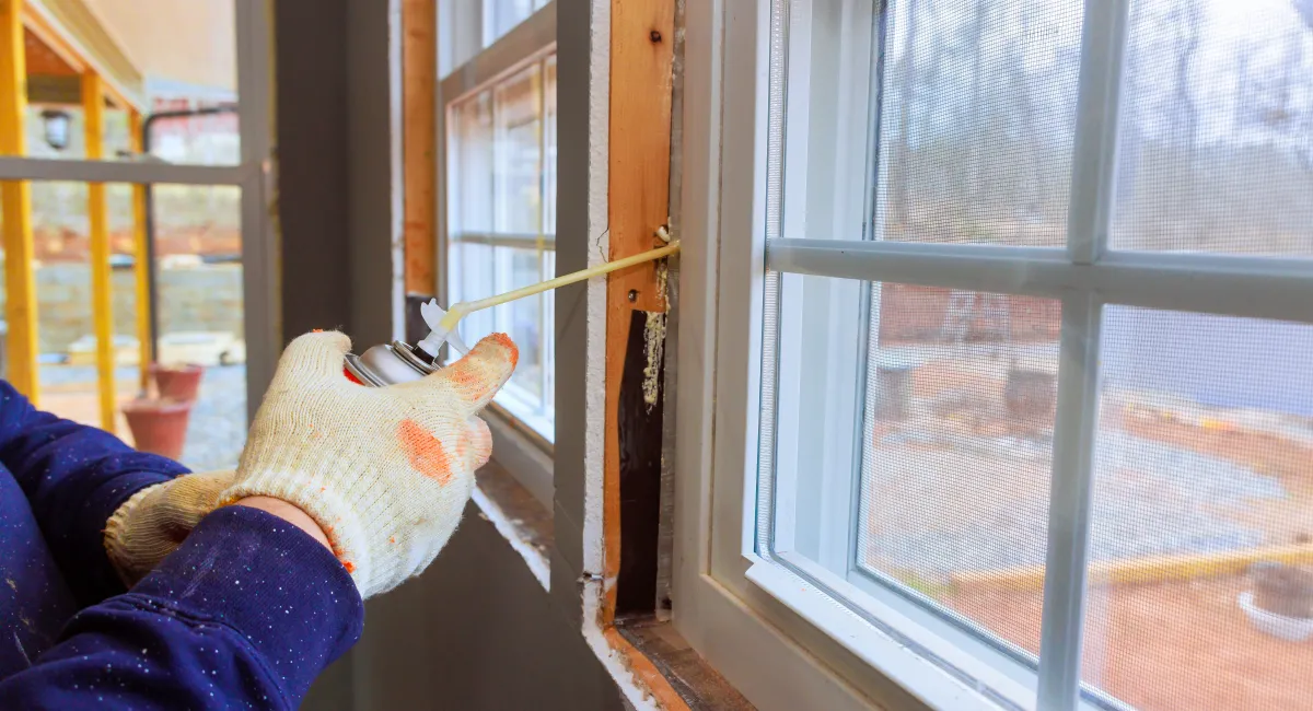 Worker applies sealant foam to window frames, sealing gaps for insulation during home improvement effort.