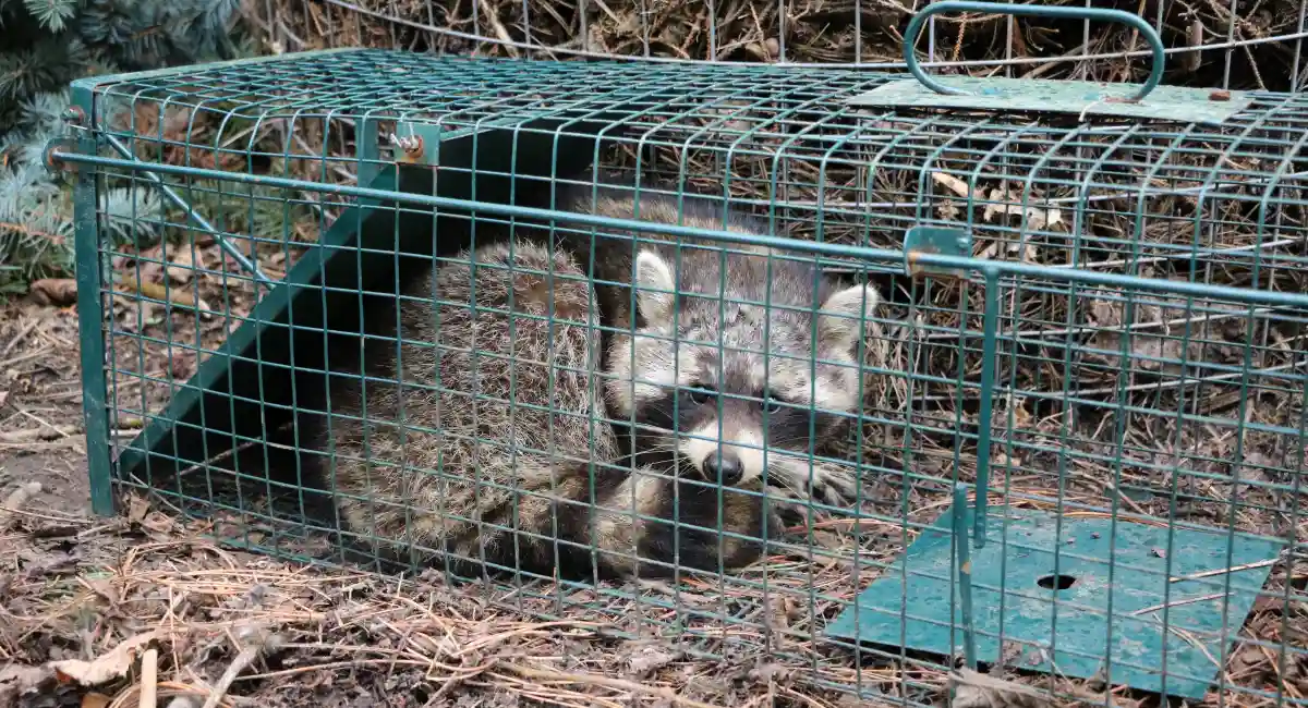 A raccoon trapped in a humane trap