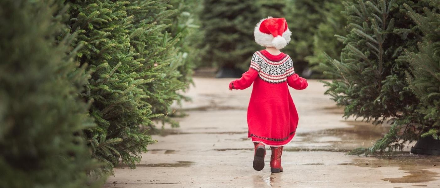 A small child dressed for the holidays runs through by a group of Christmas trees.