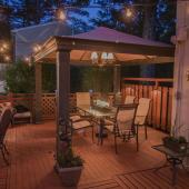 patio with pergola at dusk