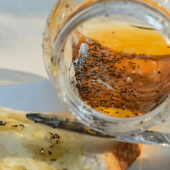 Ants invading a spilled bottle of honey in a kitchen.