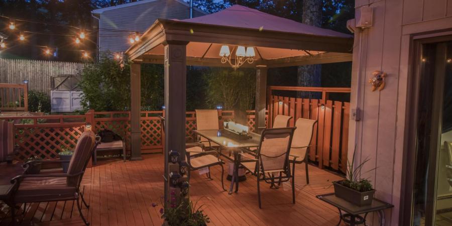 patio with pergola at dusk